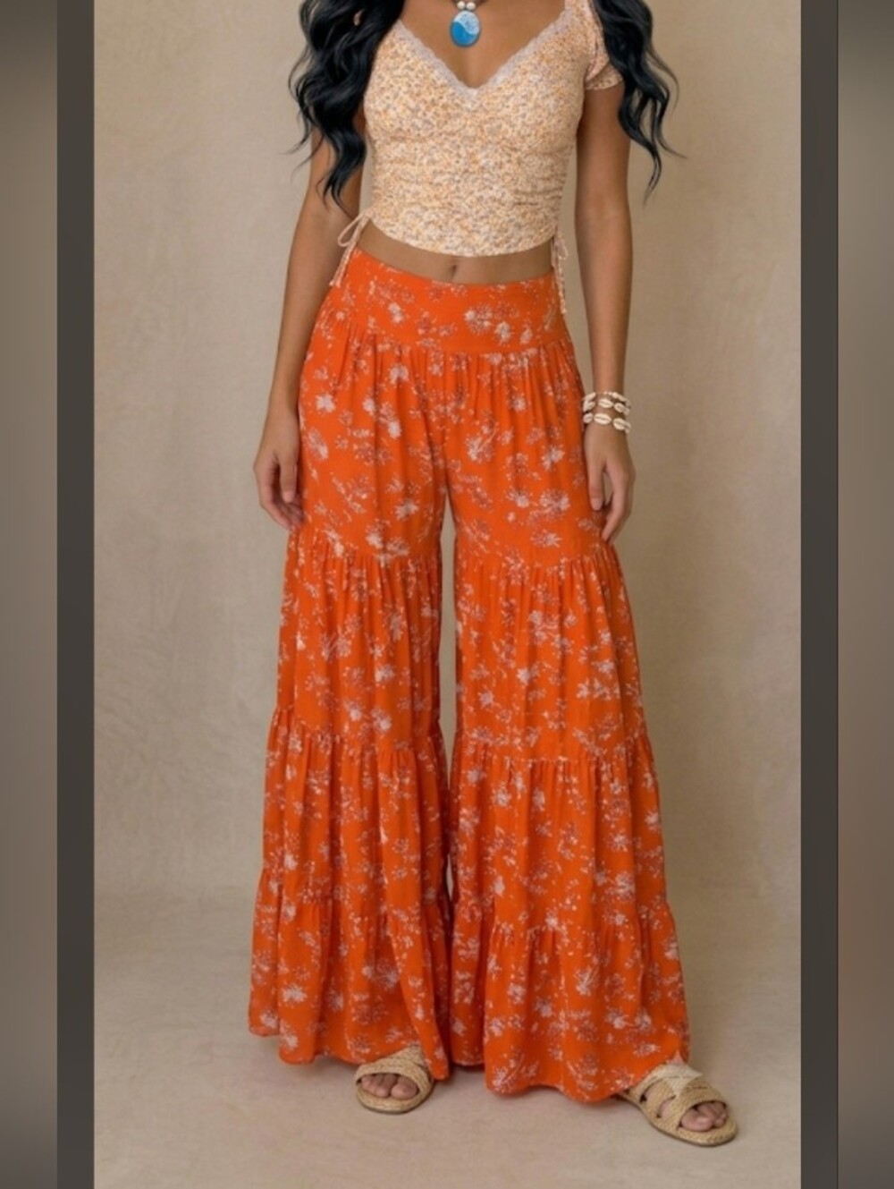 Vintage Boho Floral Tiered Maxi Palazzo Pants in Orangy Red, Small-Medium